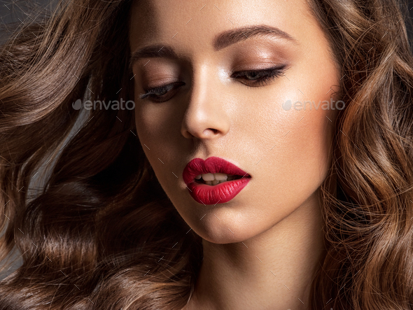 Beautiful Face Of Young Woman With Red Lipstick Portrait Of A Stunning